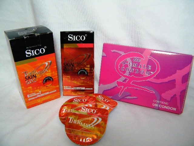 Condones de poliuretano Sico Thermaxx pieza, caja con 2 y caja con 12, y condon de nitrilo Female condom
